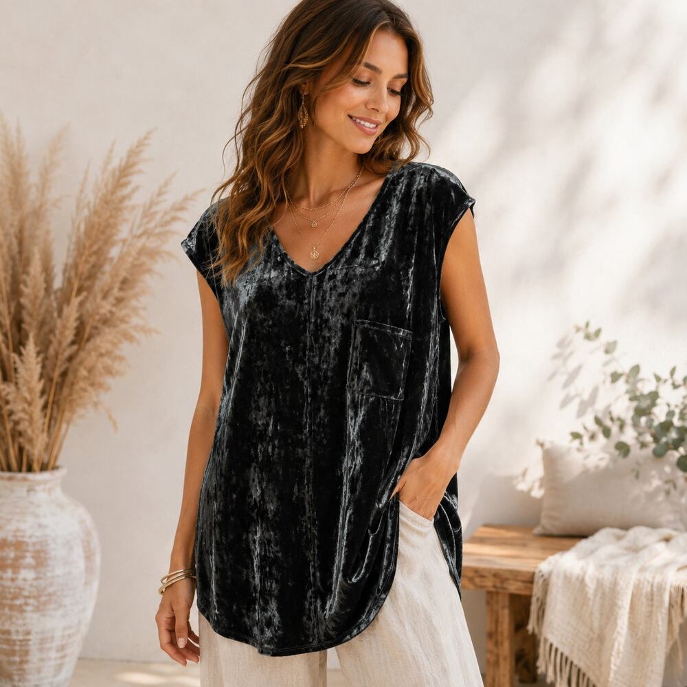 Rachel Hollis Sleeveless Velvet Tunic Top Women's Size L Dark Gray Whimsigoth